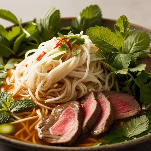 Une Image Realiste Dune Assiette De Specialites Vietnamiennes Avec Des Bo Bun