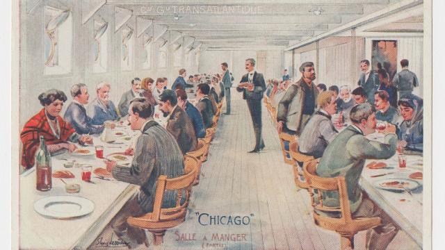 Archive Carte postale illustrée représentant de passagers qui déjeunent dans la salle à manger de troisième classe du paquebot Chicago (1908).