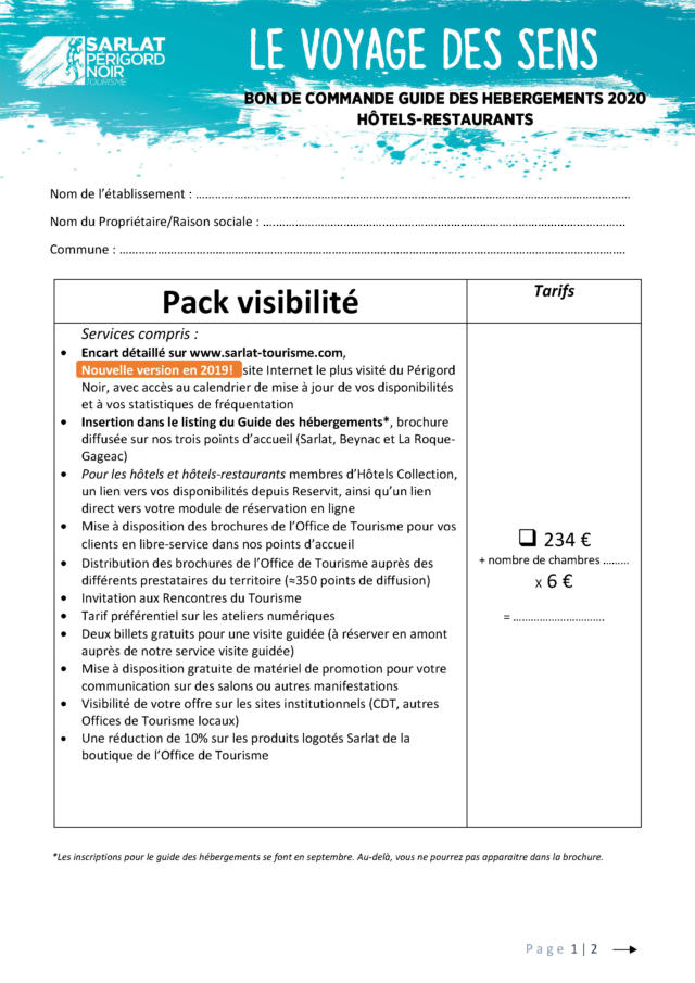 Bon de Commande Hôtel-restaurant 2020