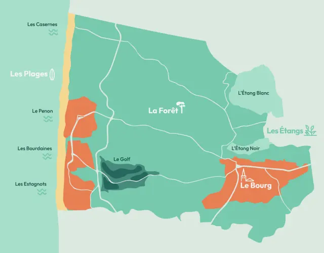 Carte de repérage des différents quartiers de Seignosse, dans les Landes
