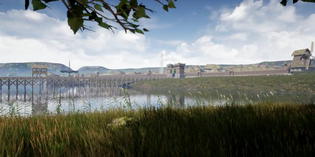 Vue sur l'Eure traversée par un pont en bois et le village de Pont de l'Arche au moyen âge dans l'application de Pont De L'arche Médiévale