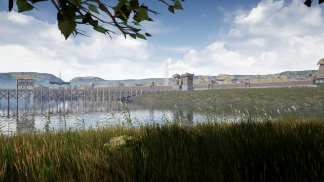 Vue sur l'Eure traversée par un pont en bois et le village de Pont de l'Arche au moyen âge dans l'application de Pont De L'arche Médiévale
