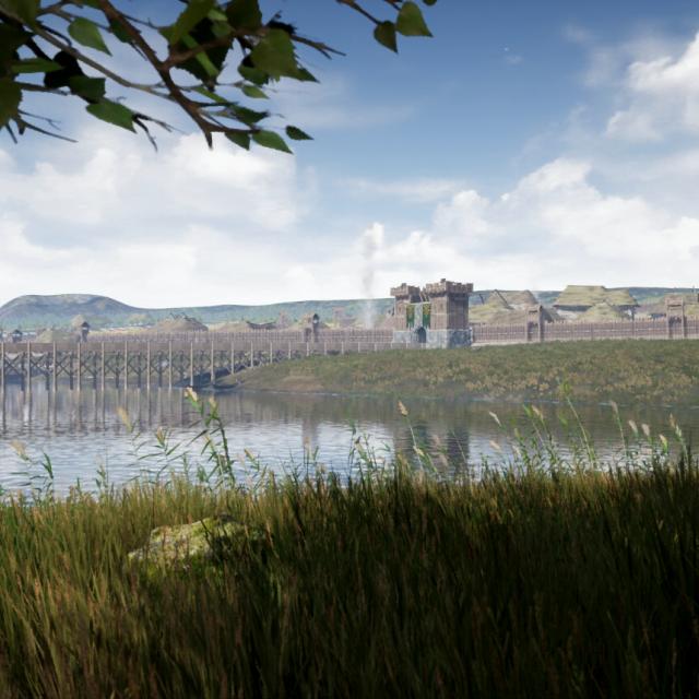 Vue sur l'Eure traversée par un pont en bois et le village de Pont de l'Arche au moyen âge dans l'application de Pont De L'arche Médiévale