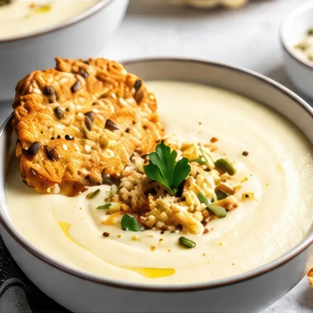 Entree Le Grand Repas - Crème Dubarry, croustillant au lin et chapelure à l’ail