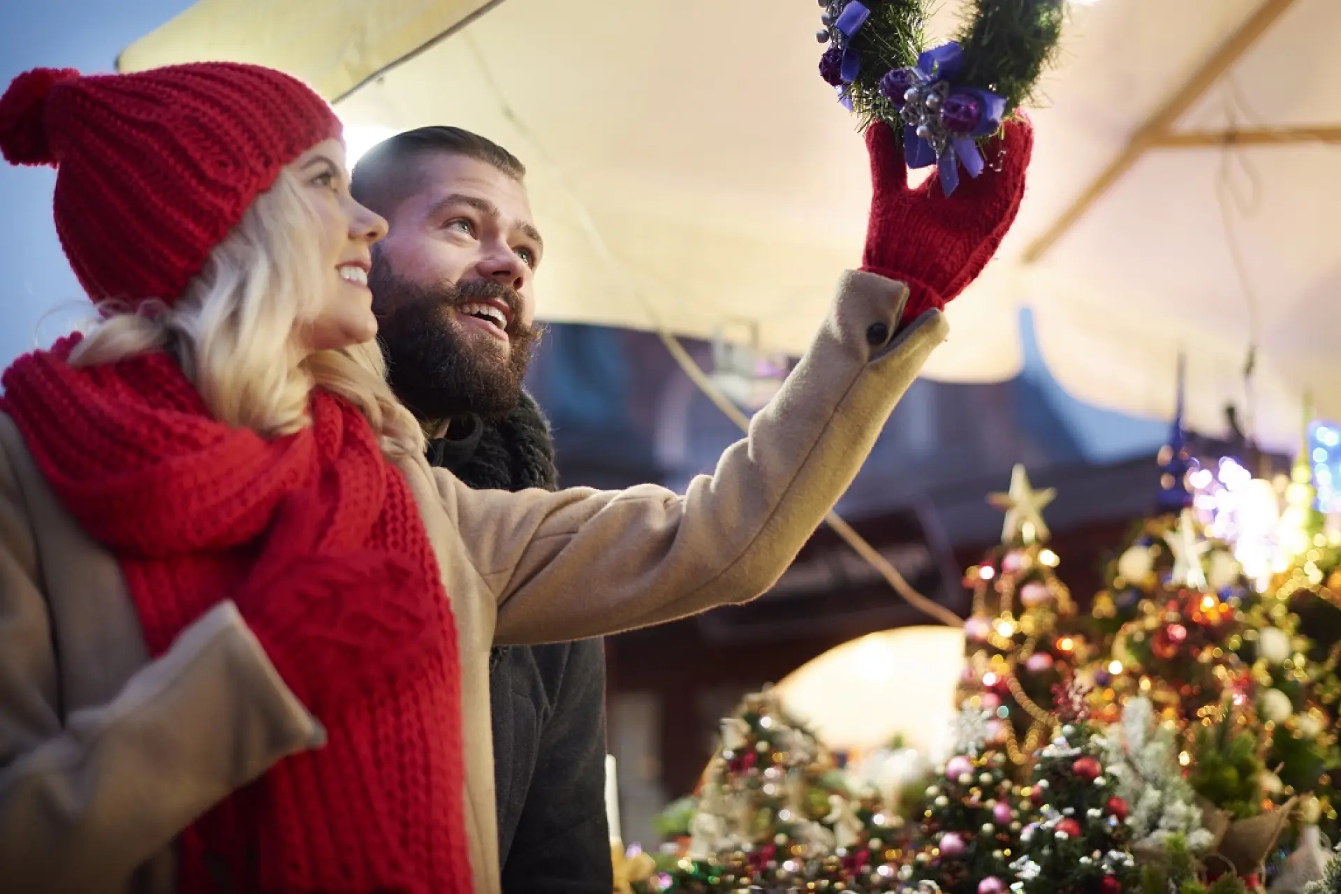 Looking up at christmas wreaths