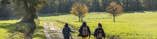 Trois personnes marchent ensemble dans une prairie verdoyante, entourées de forêts d'automne, sous un ciel clair.