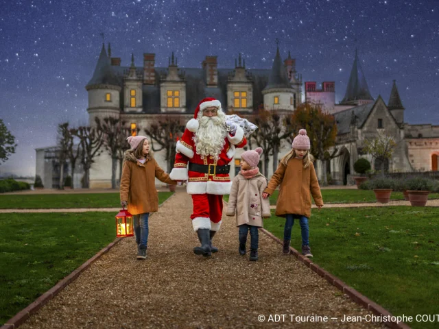Père Noël marchant main dans la main avec trois enfants dans les jardins illuminés du Château Royal d’Amboise sous un ciel étoilé.