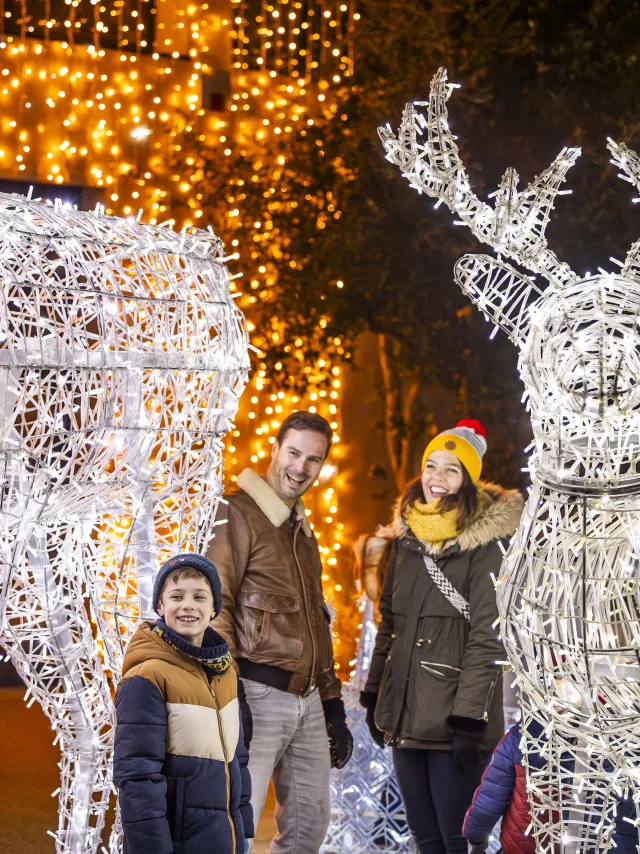 Une famille souriante composée d'un homme, d'une femme et d'un garçon pose le soir entre deux grandes sculptures lumineuses en forme de rennes réalisées avec des guirlandes électriques blanches. Des lumières dorées décorent les arbres et fondent une ambiance festive, rappelant les décorations de Noël.