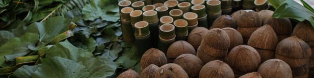 Ecological Eating With Leaves For Plates, Bamboo Cups And Coconut Bowls