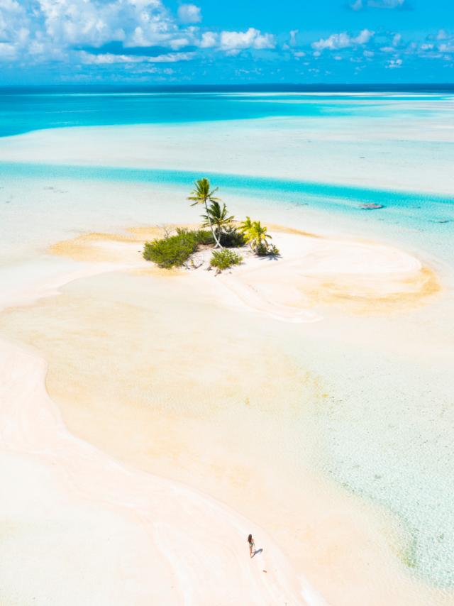 Aerial View Over White Sandy Beach on Motu in Fakarava Tahiti Tourisme © Jim Winter
