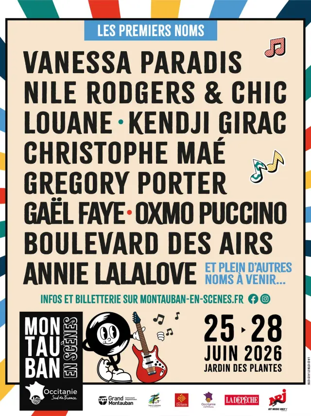 Affiche officielle du festival Montauban en Scènes 2026 avec Vanessa Paradis, Nile Rodgers & Chic, Louane, Kendji Girac, Christophe Maé, Gregory Porter, Gaël Faye, Oxmo Puccino et Boulevard des Airs au Jardin des Plantes de Montauban.