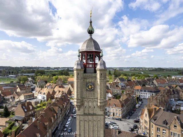 Belfry and town of Bergues seen from above