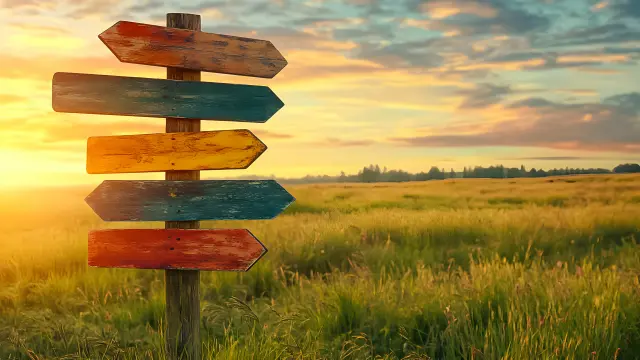 A weathered signpost with bright arrows stands in a lush field as the sun sets behind distant trees, creating a warm and inviting atmosphere for wanderers seeking adventure.