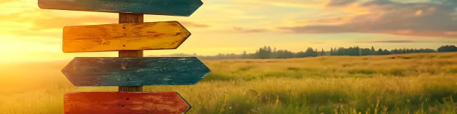 A weathered signpost with bright arrows stands in a lush field as the sun sets behind distant trees, creating a warm and inviting atmosphere for wanderers seeking adventure.