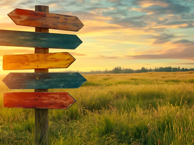 A weathered signpost with bright arrows stands in a lush field as the sun sets behind distant trees, creating a warm and inviting atmosphere for wanderers seeking adventure.