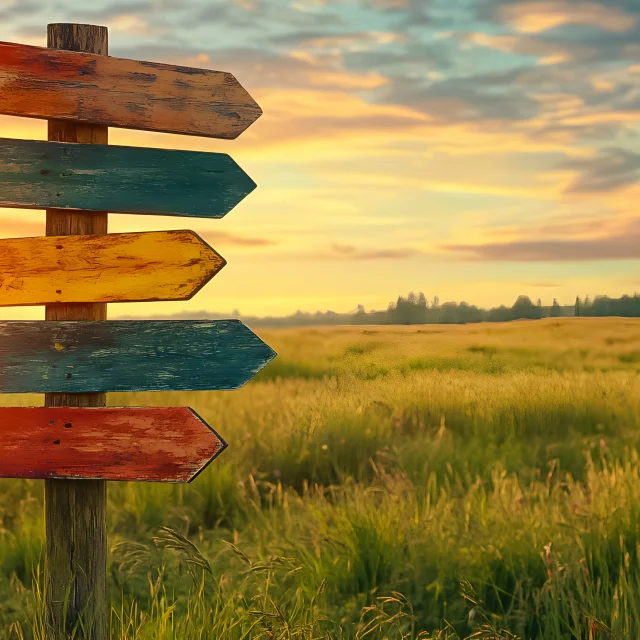 A weathered signpost with bright arrows stands in a lush field as the sun sets behind distant trees, creating a warm and inviting atmosphere for wanderers seeking adventure.