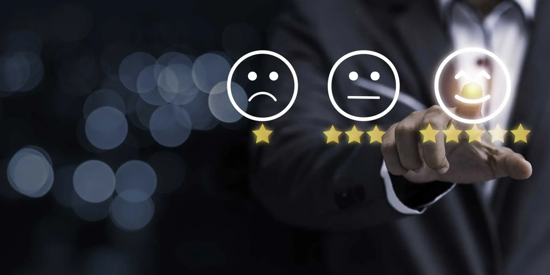 Businessman touching smile face icon for customer online evaluation result for five star. Customer satisfaction for product and service concept.