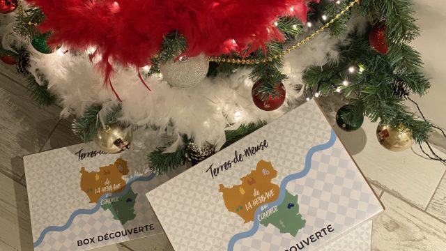 Une box terroir de la Maison du Tourisme Terres-de-Meuse au pied d'un sapin de Noël à la décoration rouge et argentée.