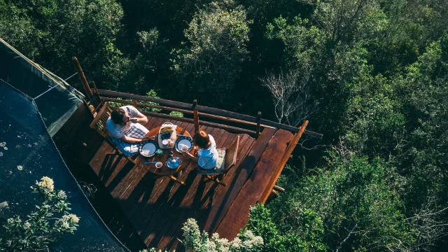 Couple Sur La Terrasse Dune Cabane Dans La Foret