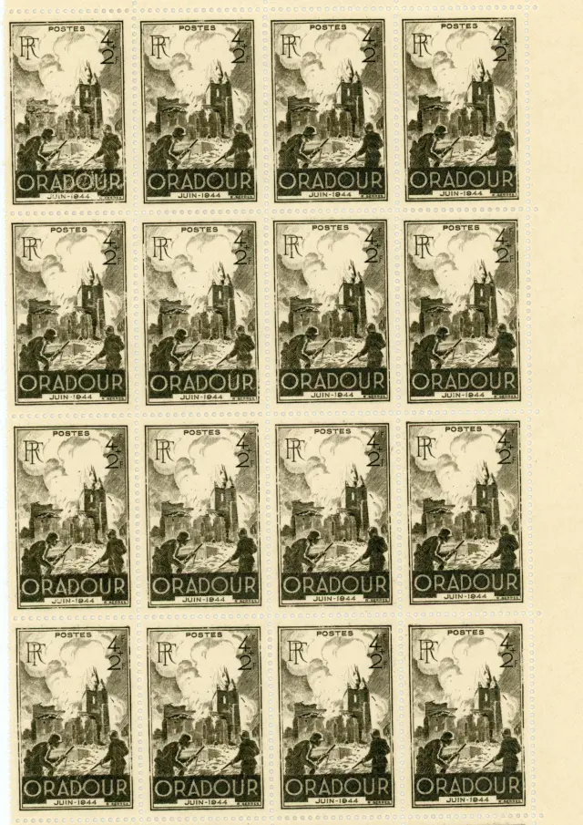Timbre de 1945 représentant l'église d'Oradour en flammes, avec au premier plan des soldats de la Waffen-SS