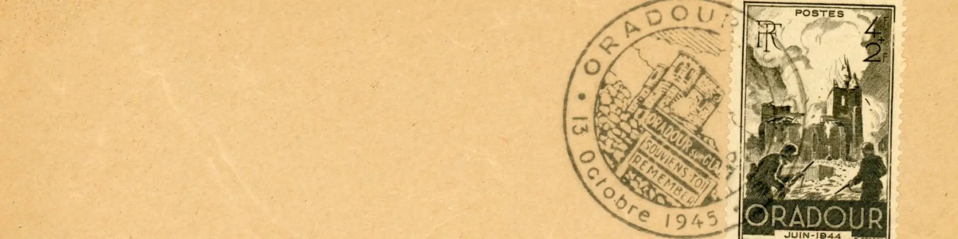 Timbre de 1945 représentant l'église d'Oradour en flammes