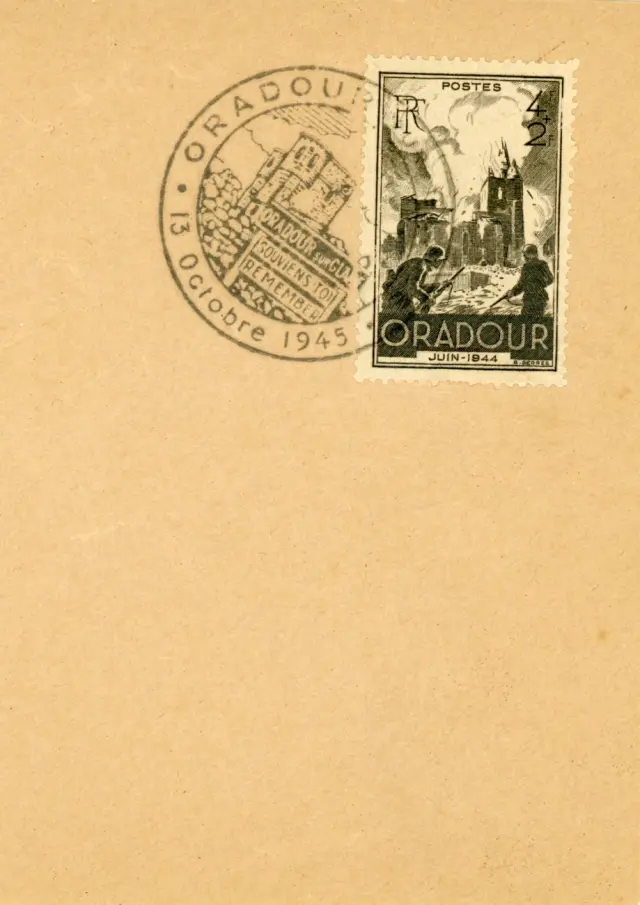 Timbre de 1945 représentant l'église d'Oradour en flammes