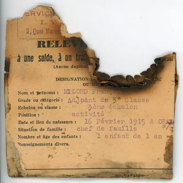 Document au nom de François Milord, victime du massacre d'Oradour-sur-Glane