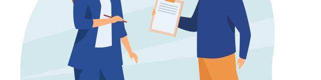 Manager giving document to female boss for signing. Leader, male assistant, agreement. Flat vector illustration. Contract, business, paperwork concept for banner, website design or landing web page