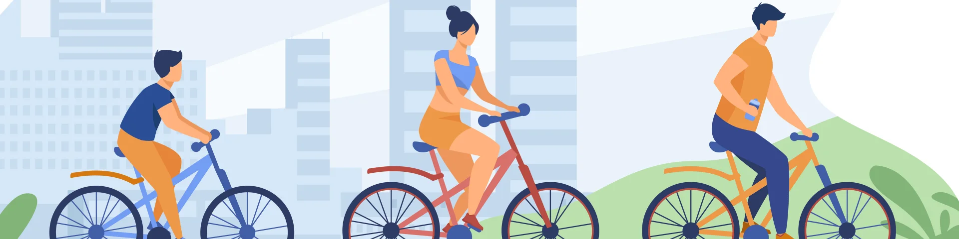 Family riding bikes in city park. Young couple with child cycling outdoors. Vector illustration for urban activity, healthy lifestyle, vacation concept