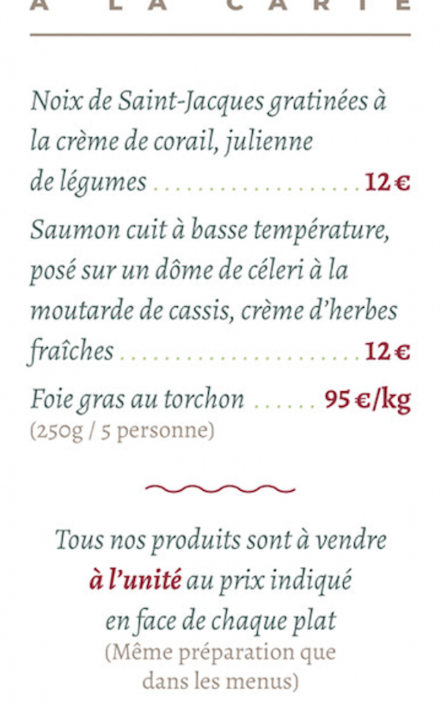 Menus des fêtes Auberge de la Vallée