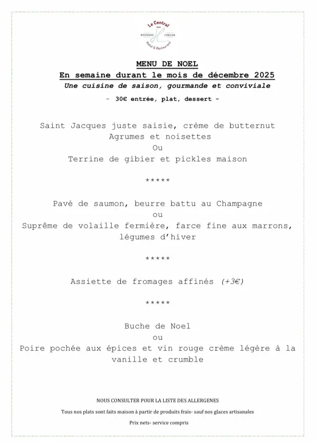 Le Central - Menu de Noël 2025