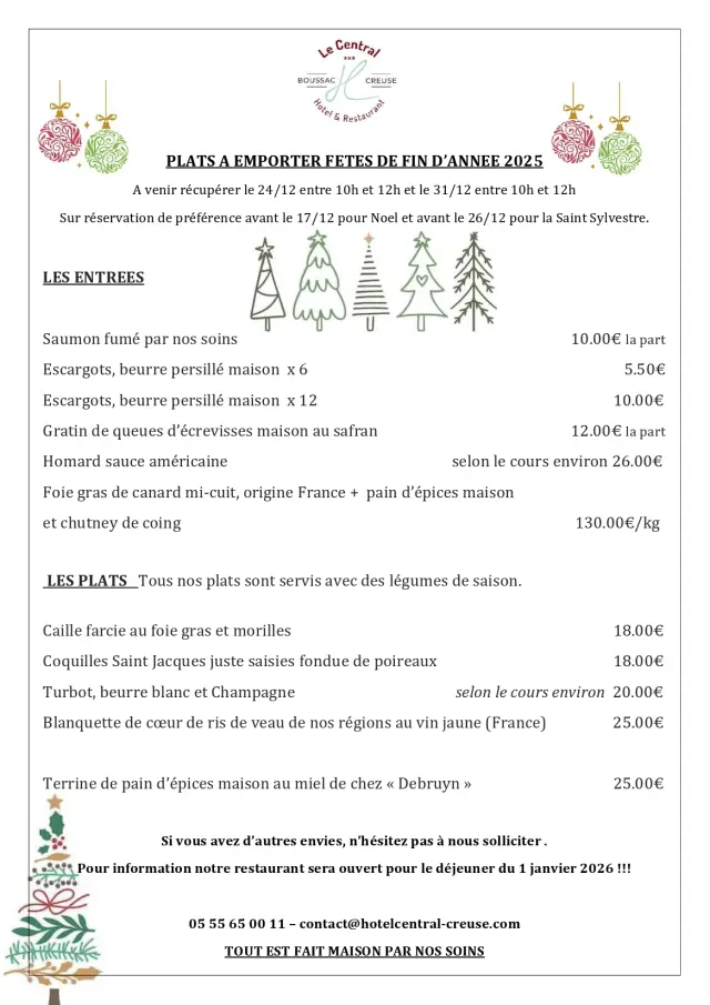 Le Central - Plats à emporter Fêtes 2025