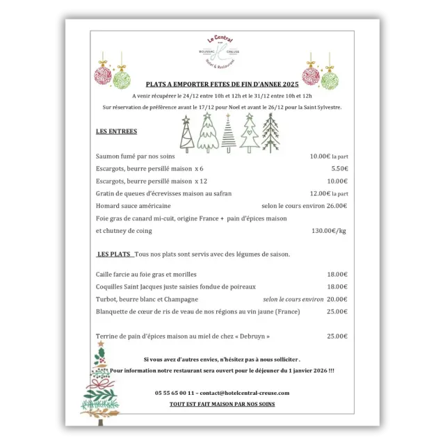 Le Central - Plats à emporter fêtes 2025