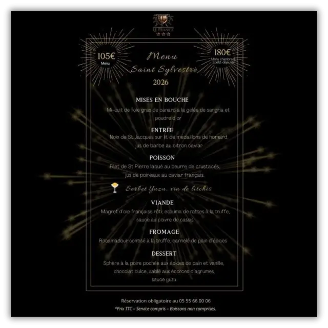 Menu Saint-Sylvestre 2026 - Hotel Restaurant Le France