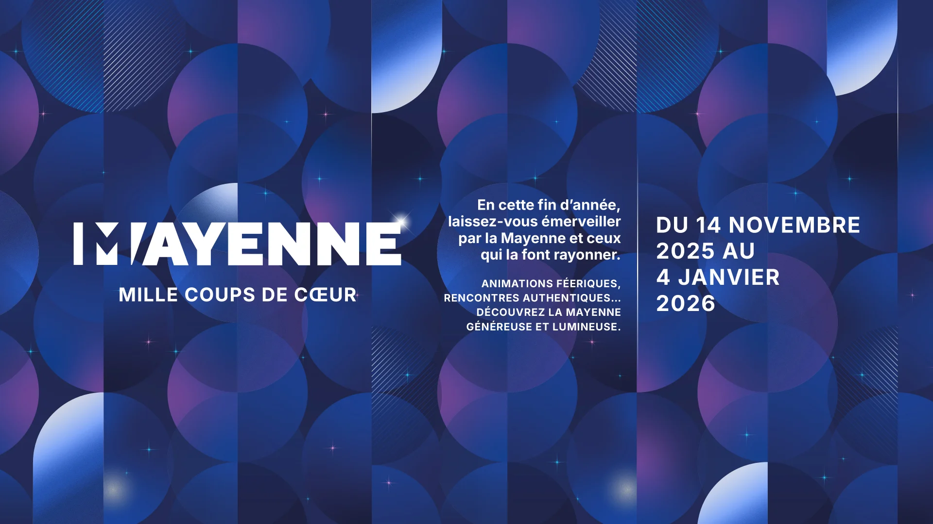 « Bannière “Mayenne – Mille coups de cœur” avec dates d’hiver 2025-2026 sur fond graphique bleu et violet »