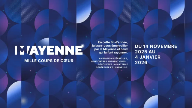 « Bannière “Mayenne – Mille coups de cœur” avec dates d’hiver 2025-2026 sur fond graphique bleu et violet »