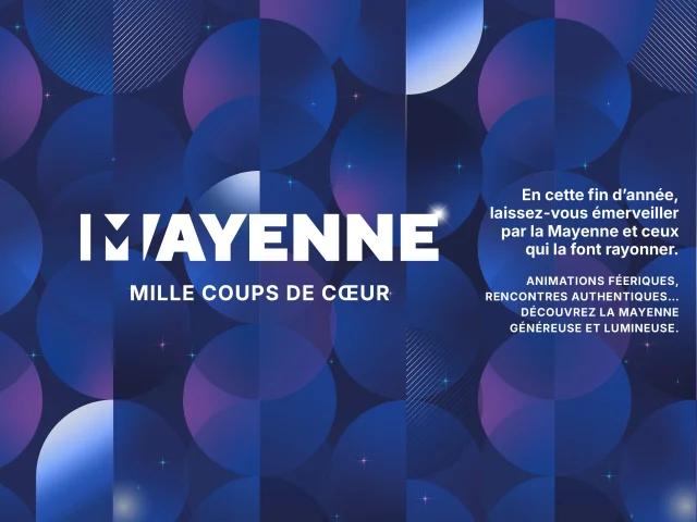 « Bannière “Mayenne – Mille coups de cœur” avec dates d’hiver 2025-2026 sur fond graphique bleu et violet »