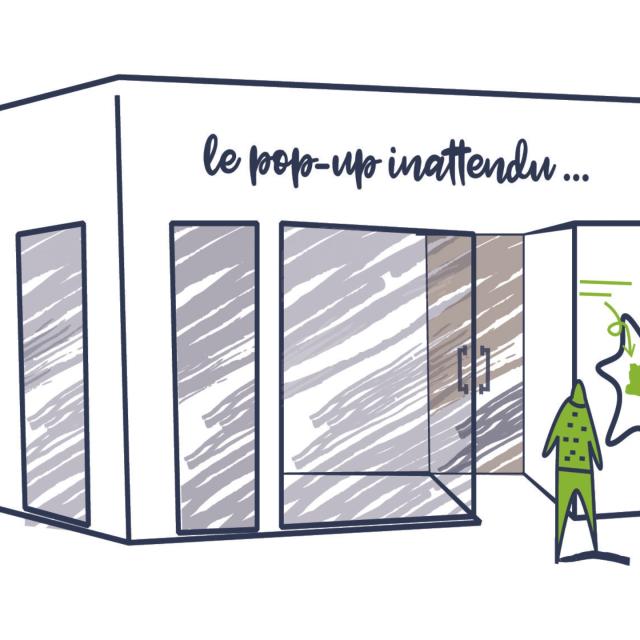 Dessin de la devanture du pop-up store de la Destination Mayenne. Sur la façade on peut lire le Pop-up inattendu.