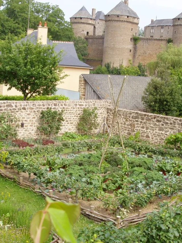 Le jardin médiéval de Lassay les châteaux avec le château fort en arrière plan