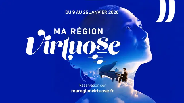 Visuel promotionnel « Ma Région Virtuose » montrant un visage en profil et un pianiste sur un piano flottant dans les nuages