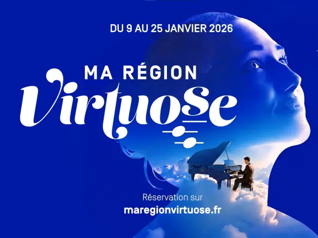 Visuel promotionnel « Ma Région Virtuose » montrant un visage en profil et un pianiste sur un piano flottant dans les nuages