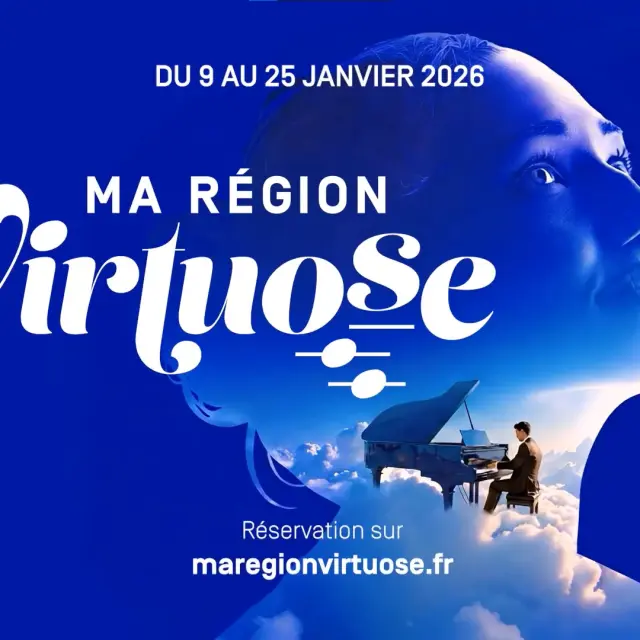 Visuel promotionnel « Ma Région Virtuose » montrant un visage en profil et un pianiste sur un piano flottant dans les nuages