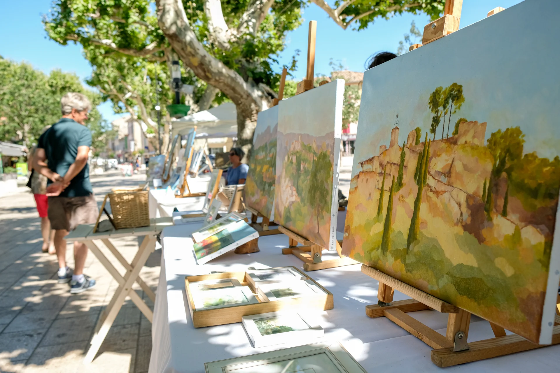 Die von der Vereinigung les arts Ô soleil organisierte Veranstaltung les peintres dans la rue ist eine Ausstellung von Malern auf dem Place Montfort in Vaison la romaine am 16.07.2020.