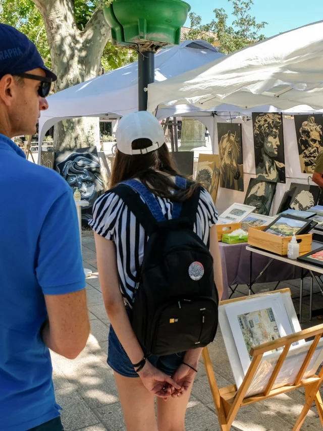 Organisée par l'association les arts Ô soleil, la manifestation les peintres dans la rue est une exposition d'artistes peintres sur la place Montfort à Vaison la romaine le 16/07/2020.