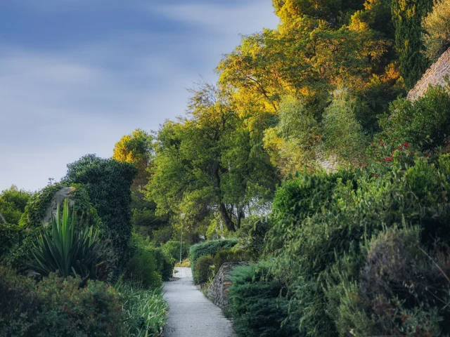 Der Weg von der Kirche nach Rasteau im Frühling im Dorf Rasteau