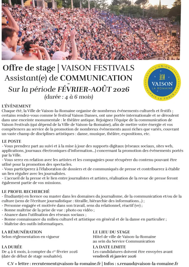 Offre De Stage Communication Vaison 2026