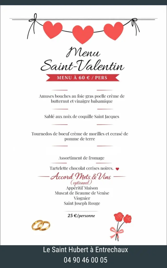 Menu Saint Valentin Saint Hubert