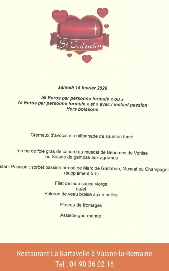Menu Saint Valentin La Bartavelle