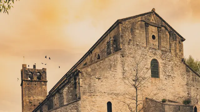 The cathedral against the golden sky.
