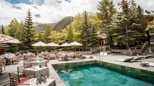 Hôtel le Blizzard with its terrace and swimming pool in summer